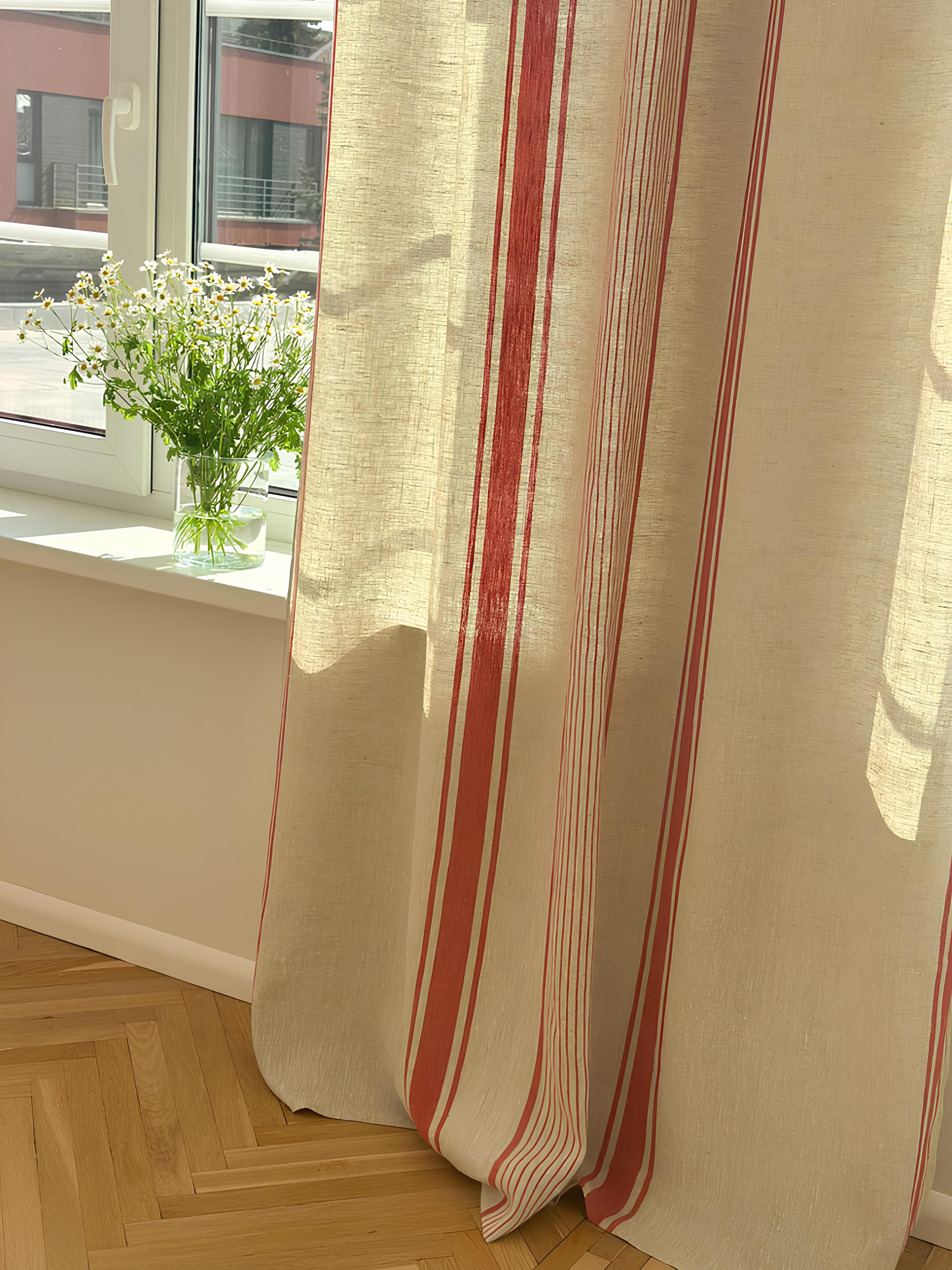 2er Set Leinenvorhänge mit Streifen, 140 cm Breite, Blau Schwarz Grün Rot Beige, Ösenband