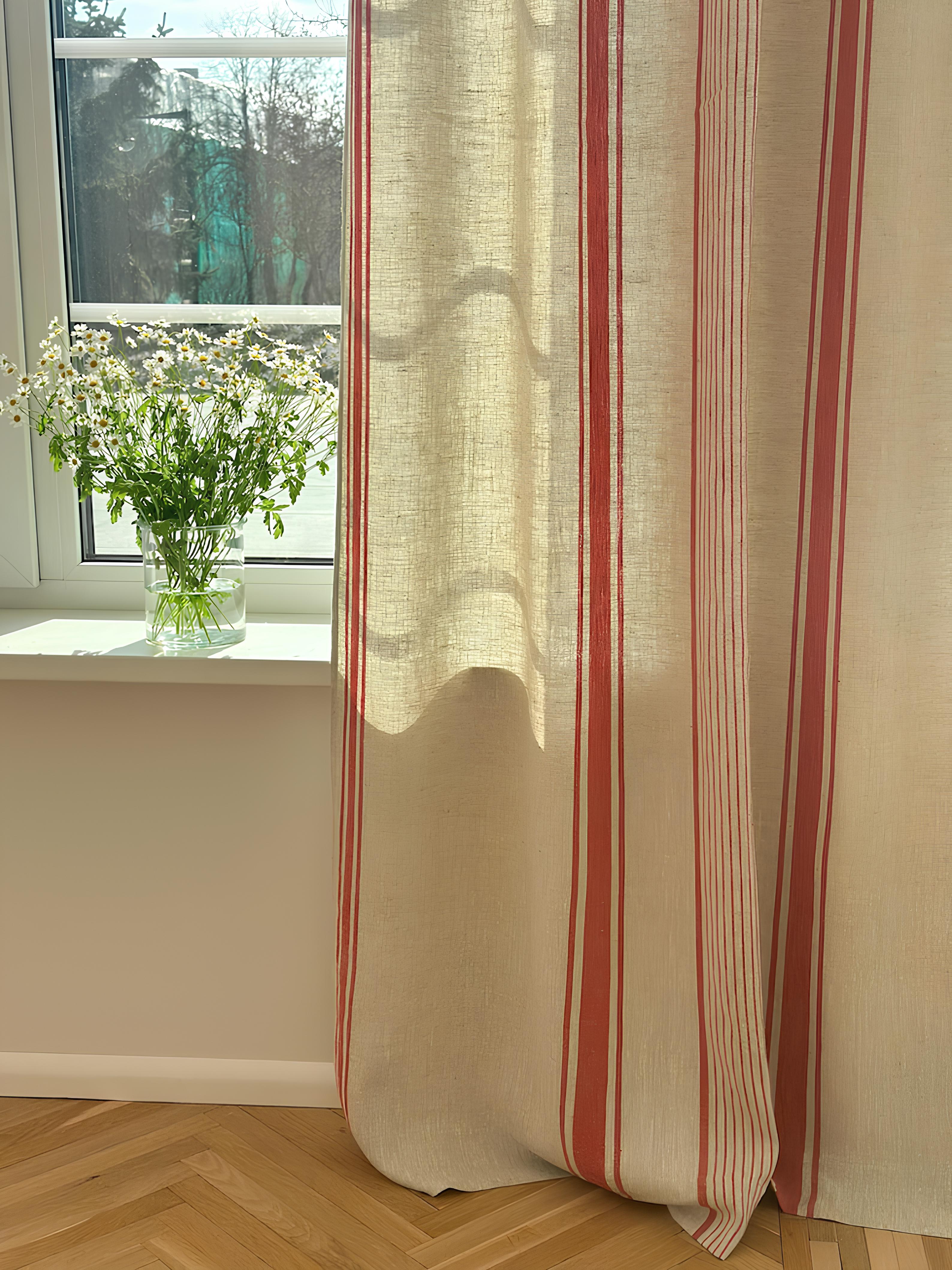 2er Set Leinenvorhänge mit Streifen, 140 cm Breite, Blau Schwarz Grün Rot Beige, Ösenband