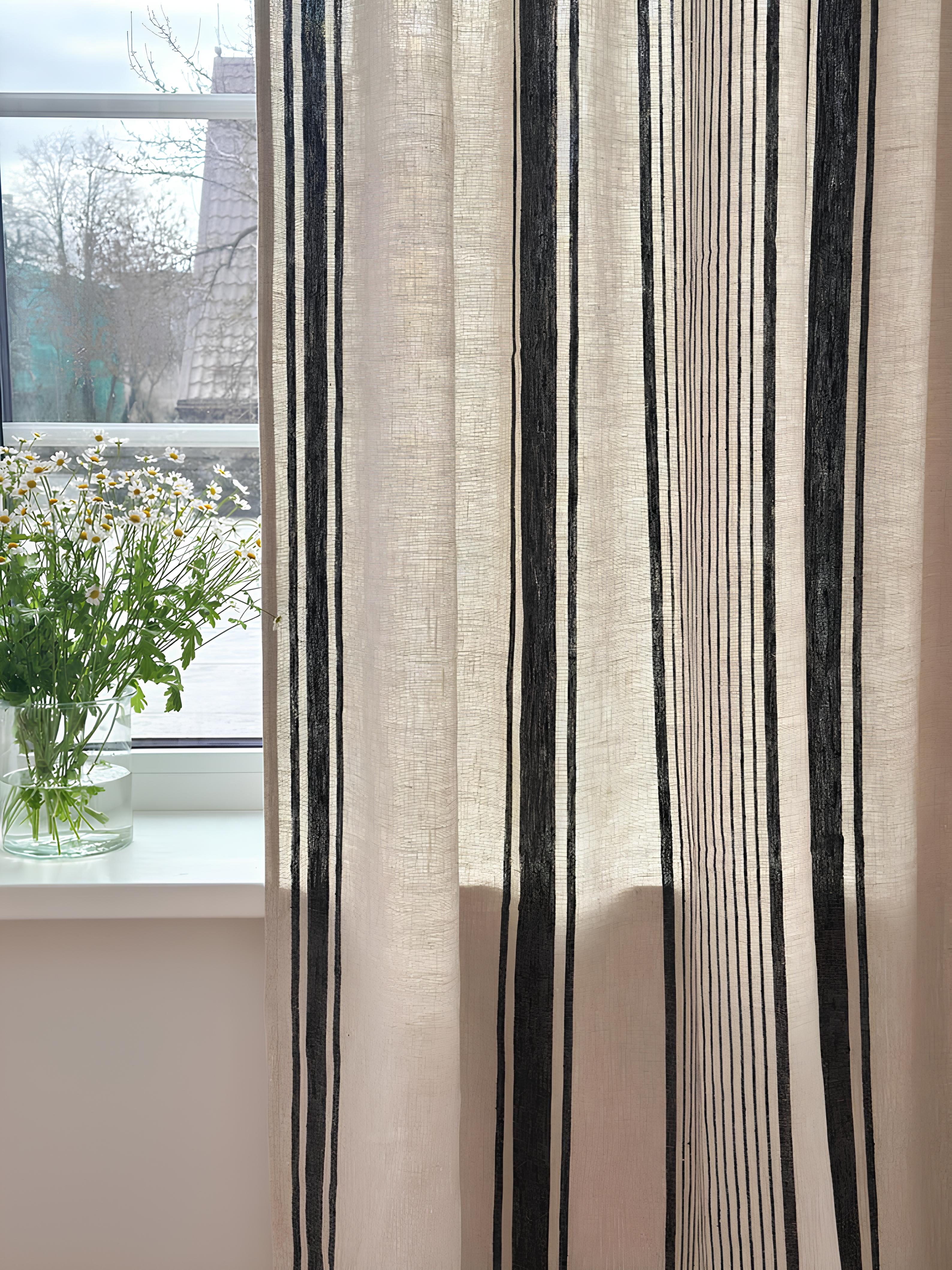 2er Set Leinenvorhänge mit Streifen, 140 cm Breite, Blau Schwarz Grün Rot Beige, Ösenband