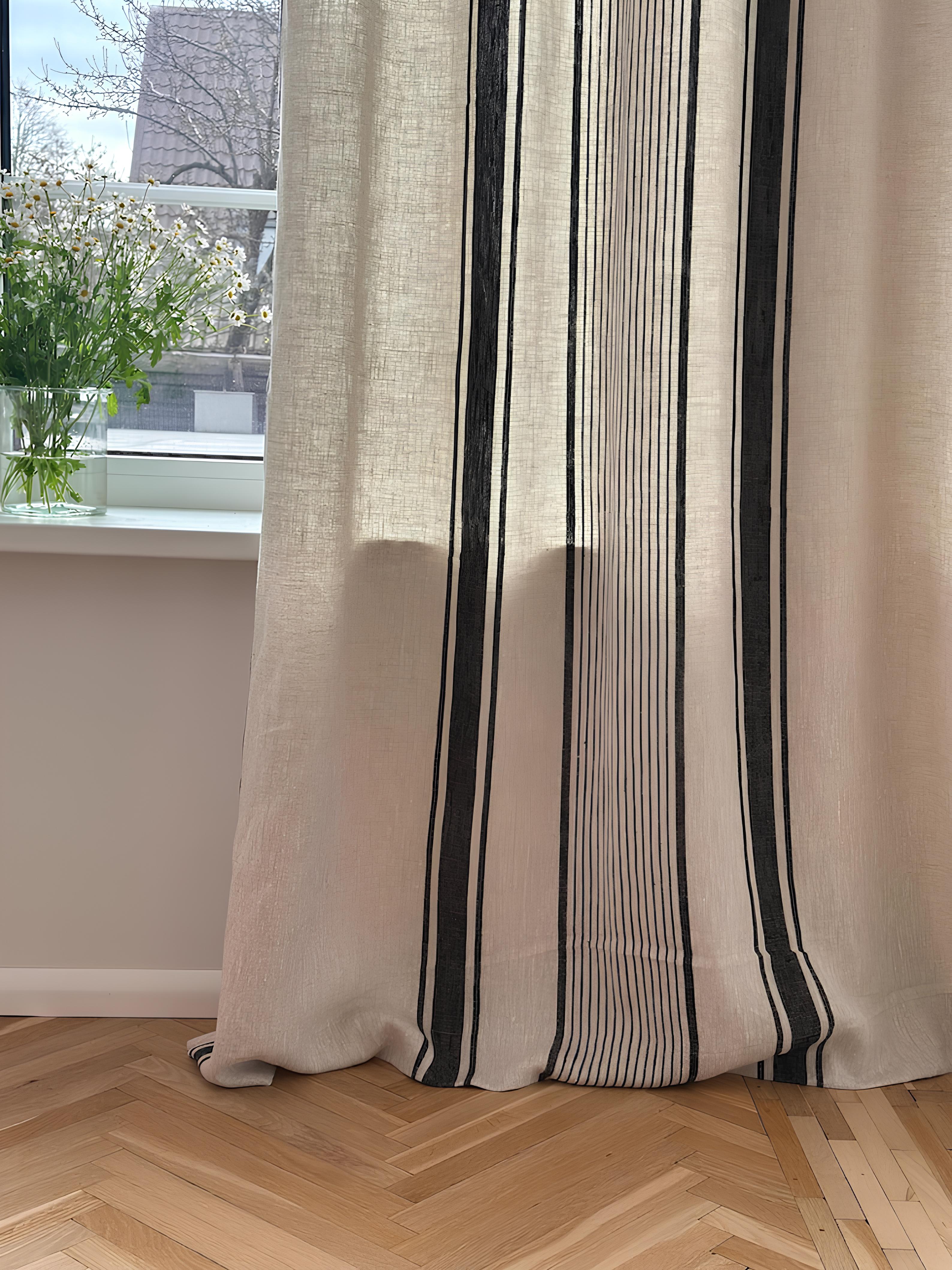 2er Set Leinenvorhänge mit Streifen, 140 cm Breite, Blau Schwarz Grün Rot Beige, Ösenband