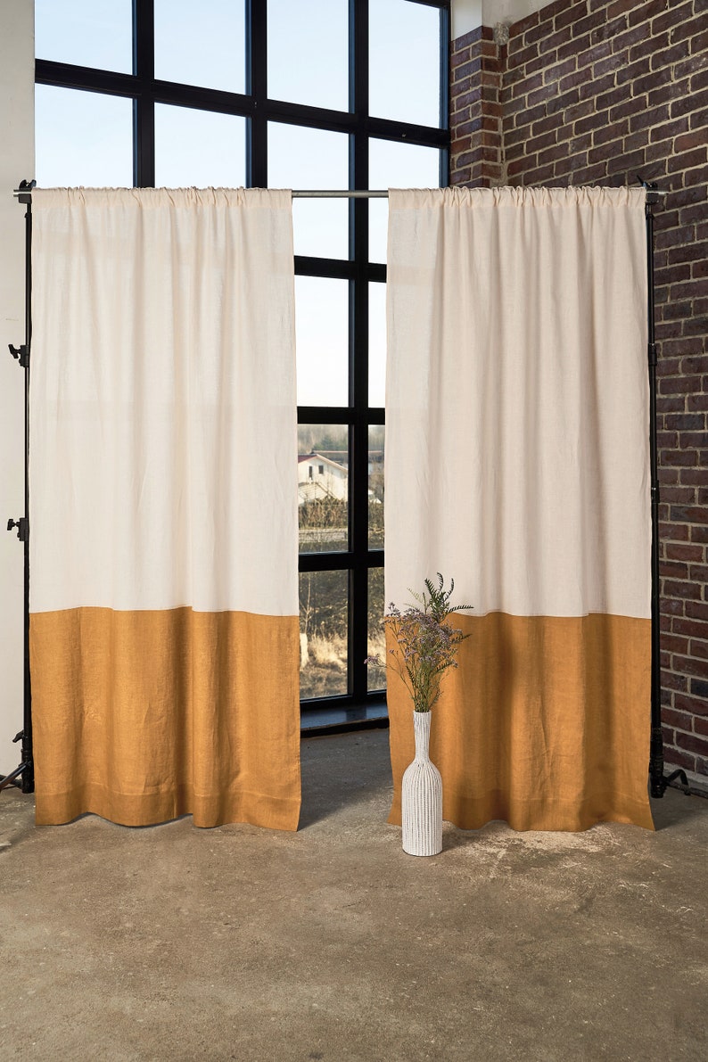 Leinen Color Block Vorhänge 2er-Set, Halbtransparente Stabvorhänge, Elfenbein Oberteil, Verschiedene Unterfarben, 139cm Breite je Panel