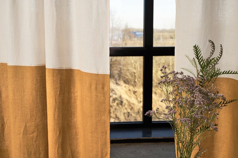 Leinen Color Block Vorhänge 2er-Set, Halbtransparente Stabvorhänge, Elfenbein Oberteil, Verschiedene Unterfarben, 139cm Breite je Panel
