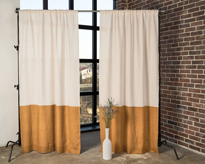 Leinen Color Block Vorhänge 2er-Set, Halbtransparente Stabvorhänge, Elfenbein Oberteil, Verschiedene Unterfarben, 139cm Breite je Panel