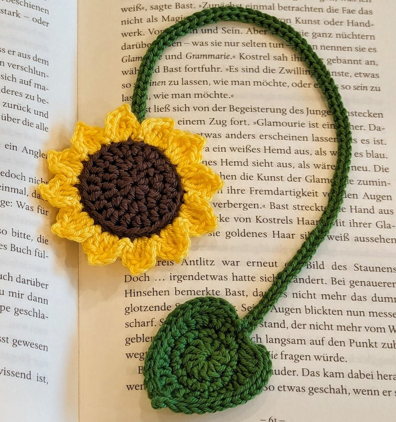 Sonnenblumen Lesezeichen gehäkelt 100% Baumwolle handgefertigt Buch bis 22 cm