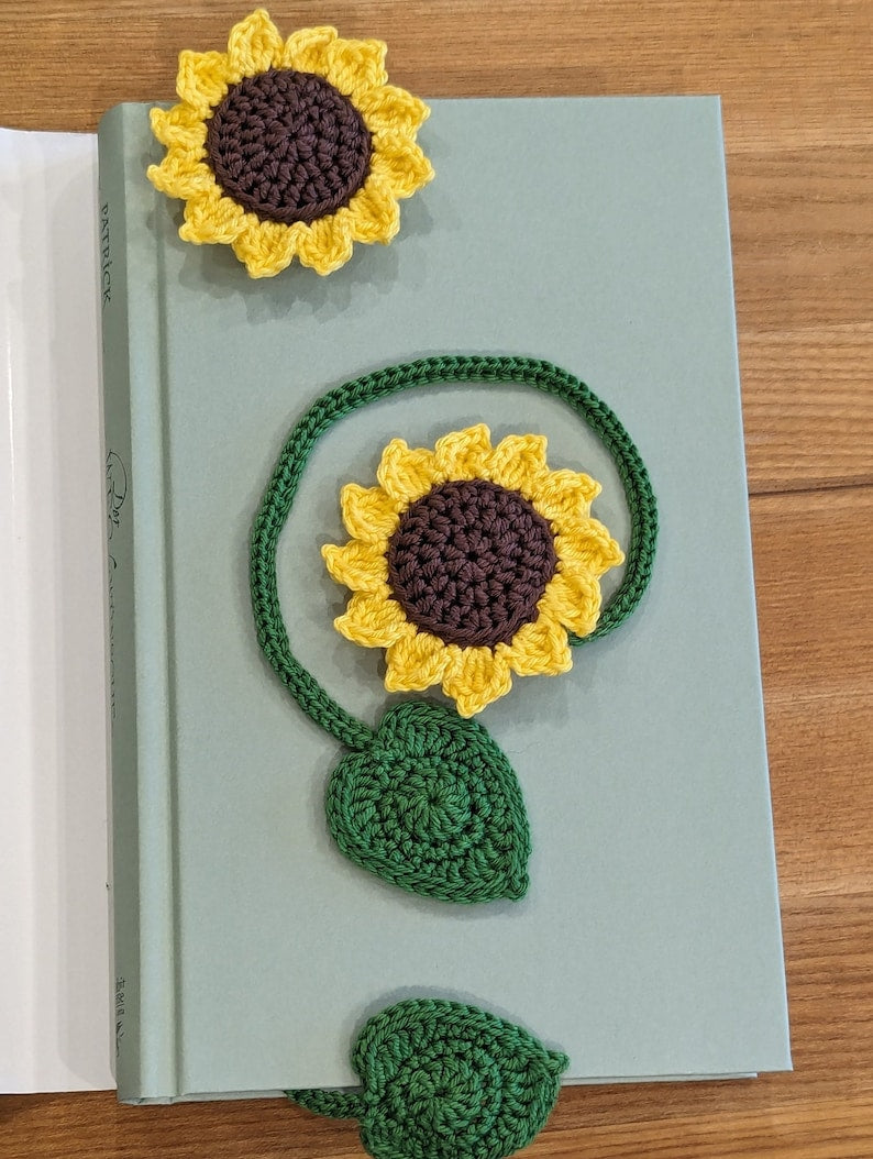 Sonnenblumen Lesezeichen gehäkelt 100% Baumwolle handgefertigt Buch bis 22 cm