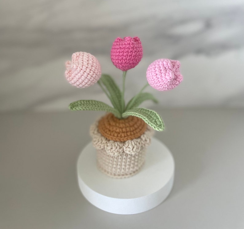 Gehäkelter Tulpen-Blumentopf, Handarbeit, Rosa, Lila, Orange oder Blau, Deko-Geschenk