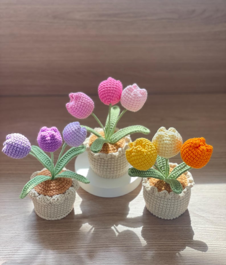 Gehäkelter Tulpen-Blumentopf, Handarbeit, Rosa, Lila, Orange oder Blau, Deko-Geschenk