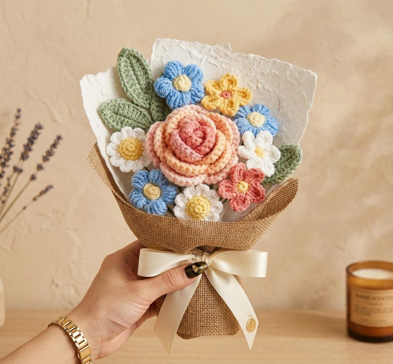 Gehäkelter Rosenstrauß, handgefertigtes Blumengeschenk, gestricktes Blumenarrangement