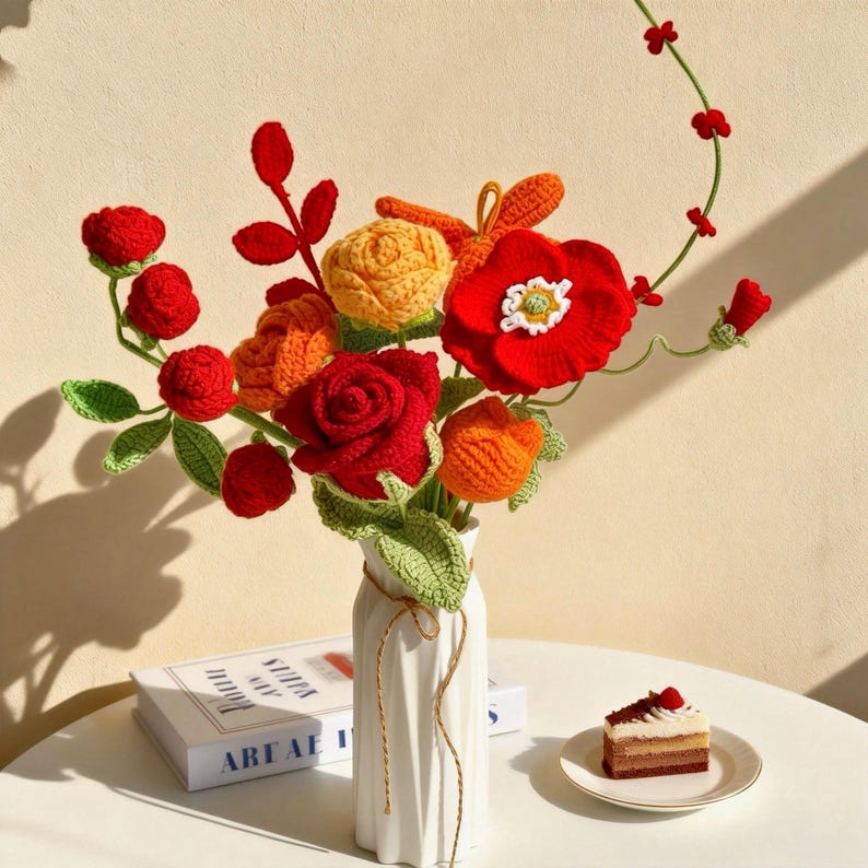 Handgefertigtes Häkelblumenarrangement Sonnenblume und Rose Schreibtischdekoration Dankeschön Lehrer Anerkennung