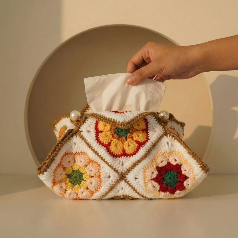 Gehäkelter Taschentuchbox-Bezug mit Oma-Quadrat-Muster, Boho-Blumen-Wohnkultur