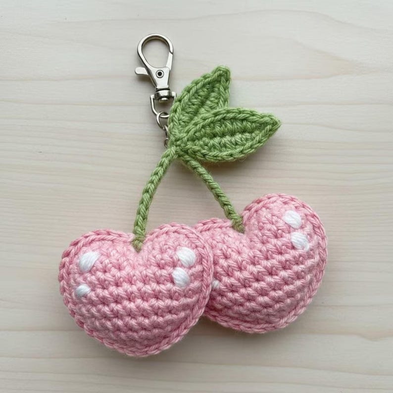 Gehäkelter Kirsch-Taschenanhänger, Handarbeit, 5 cm, Rot-Grün