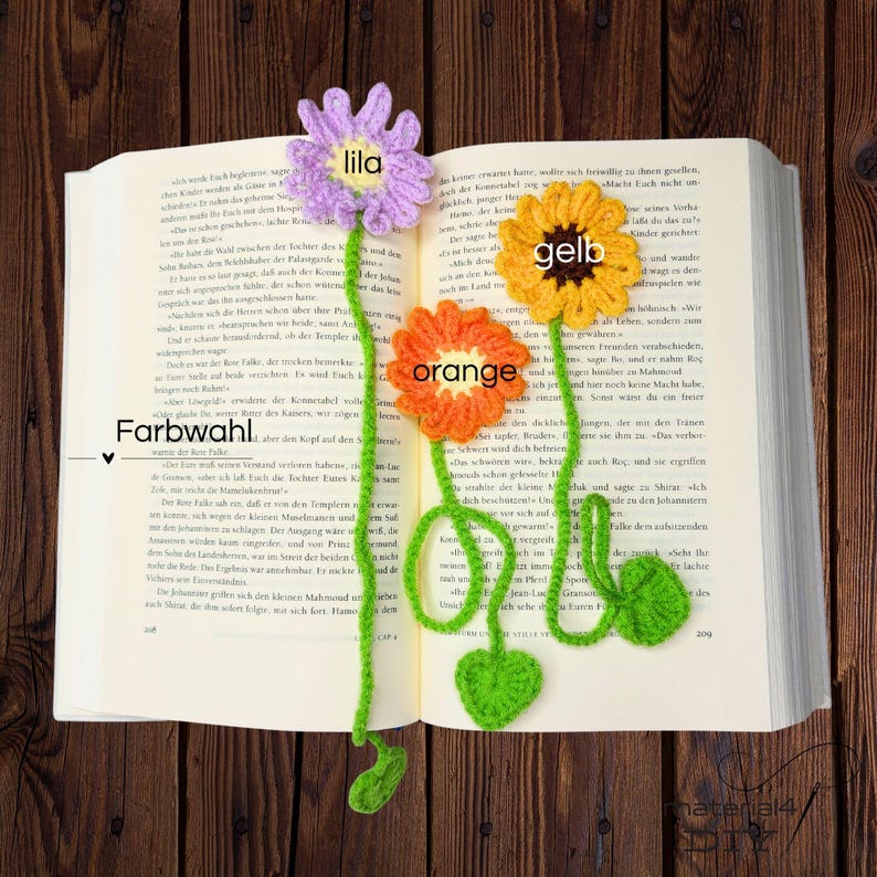 Gehäkelte Lesezeichen Blume, 30 cm, lila/orange/gelb, Polyester, Buchliebhaber