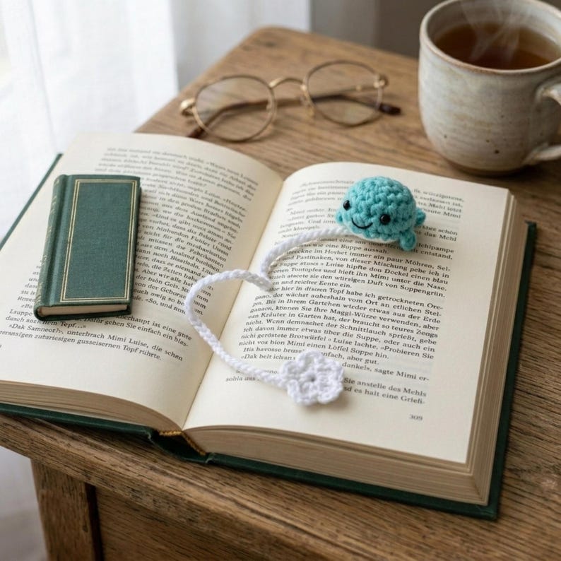 Gehäkeltes Lesezeichen Biene oder Wal, 25 cm, Handgemachtes Buchaccessoire