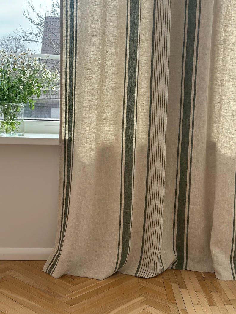 2er Set Leinenvorhänge mit Streifen, 140 cm Breite, Blau Schwarz Grün Rot Beige, Ösenband