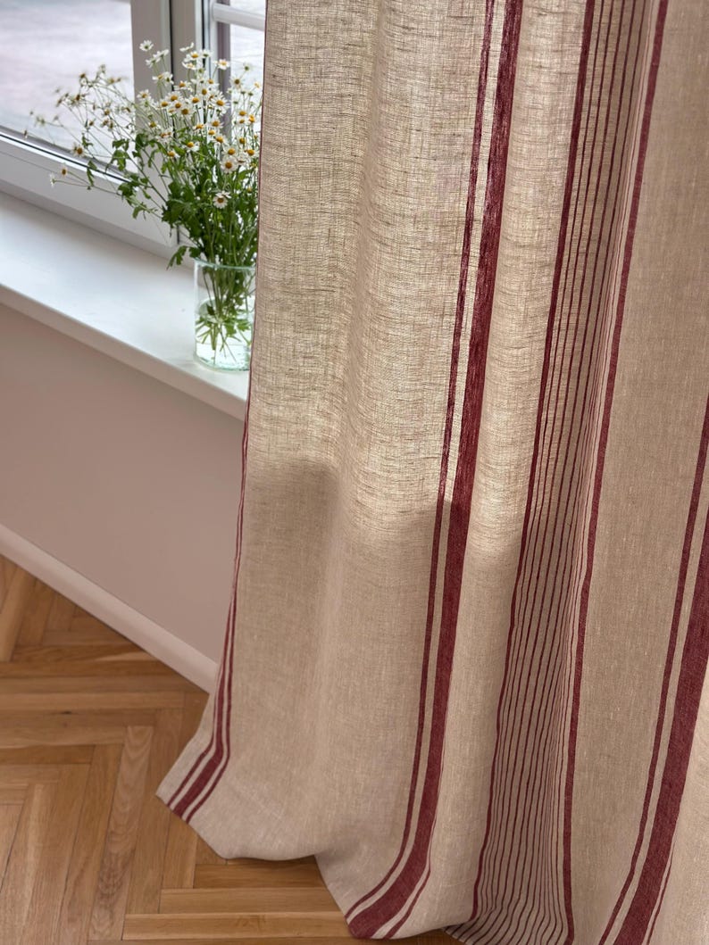 2er Set Leinenvorhänge mit Streifen, 140 cm Breite, Blau Schwarz Grün Rot Beige, Ösenband