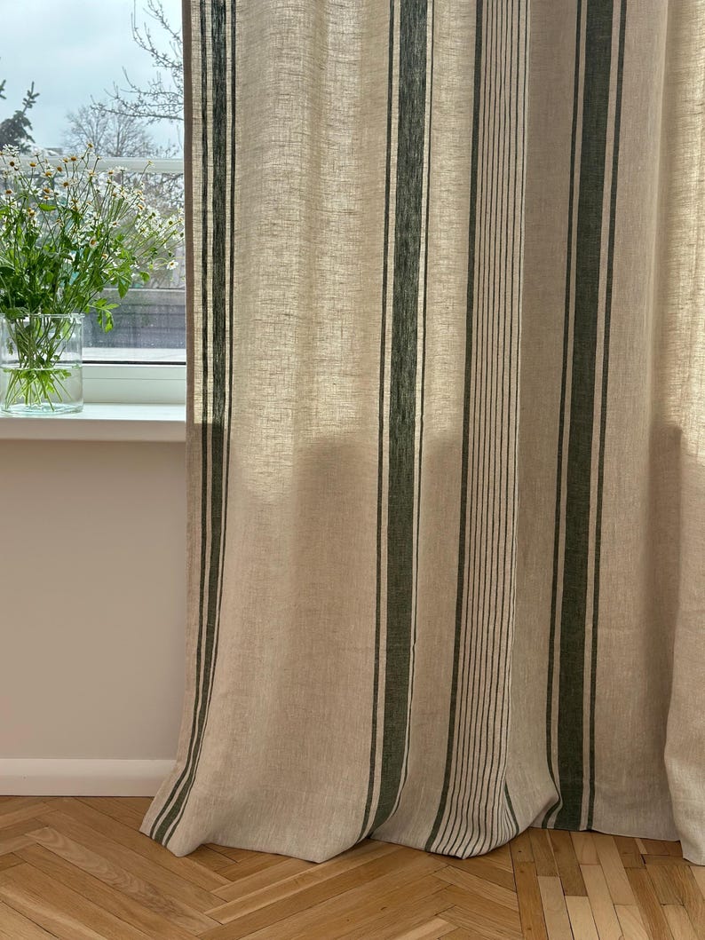2er Set Leinenvorhänge mit Streifen, 140 cm Breite, Blau Schwarz Grün Rot Beige, Ösenband