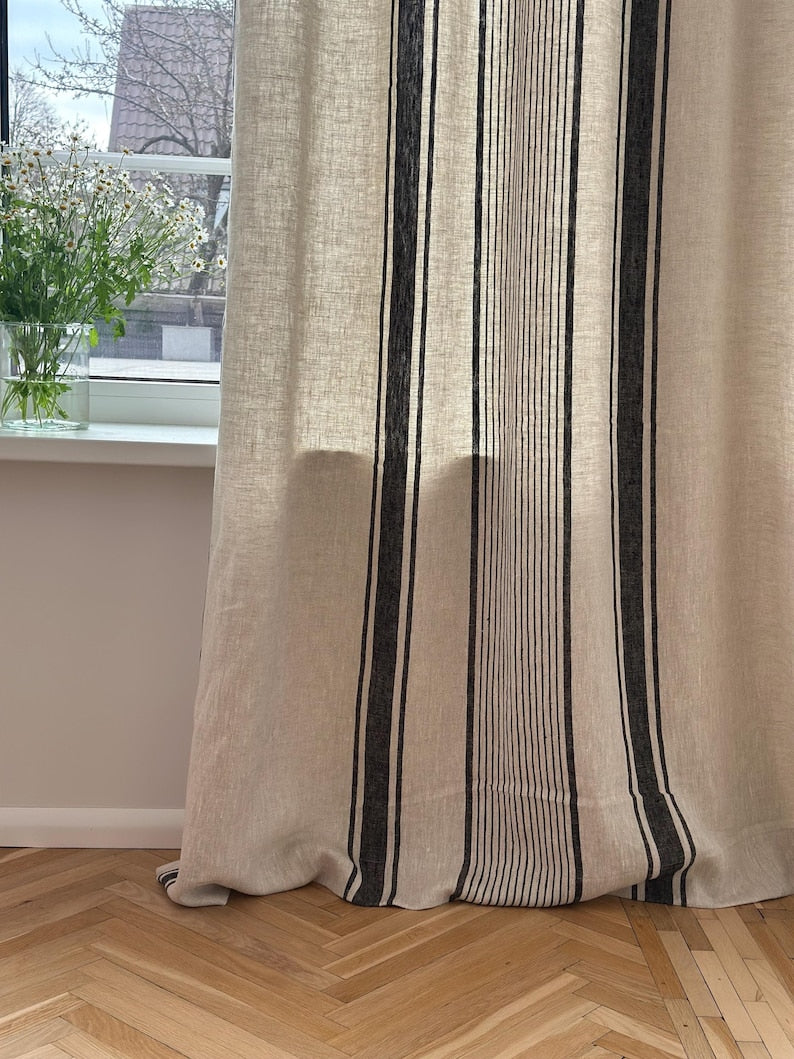 2er Set Leinenvorhänge mit Streifen, 140 cm Breite, Blau Schwarz Grün Rot Beige, Ösenband
