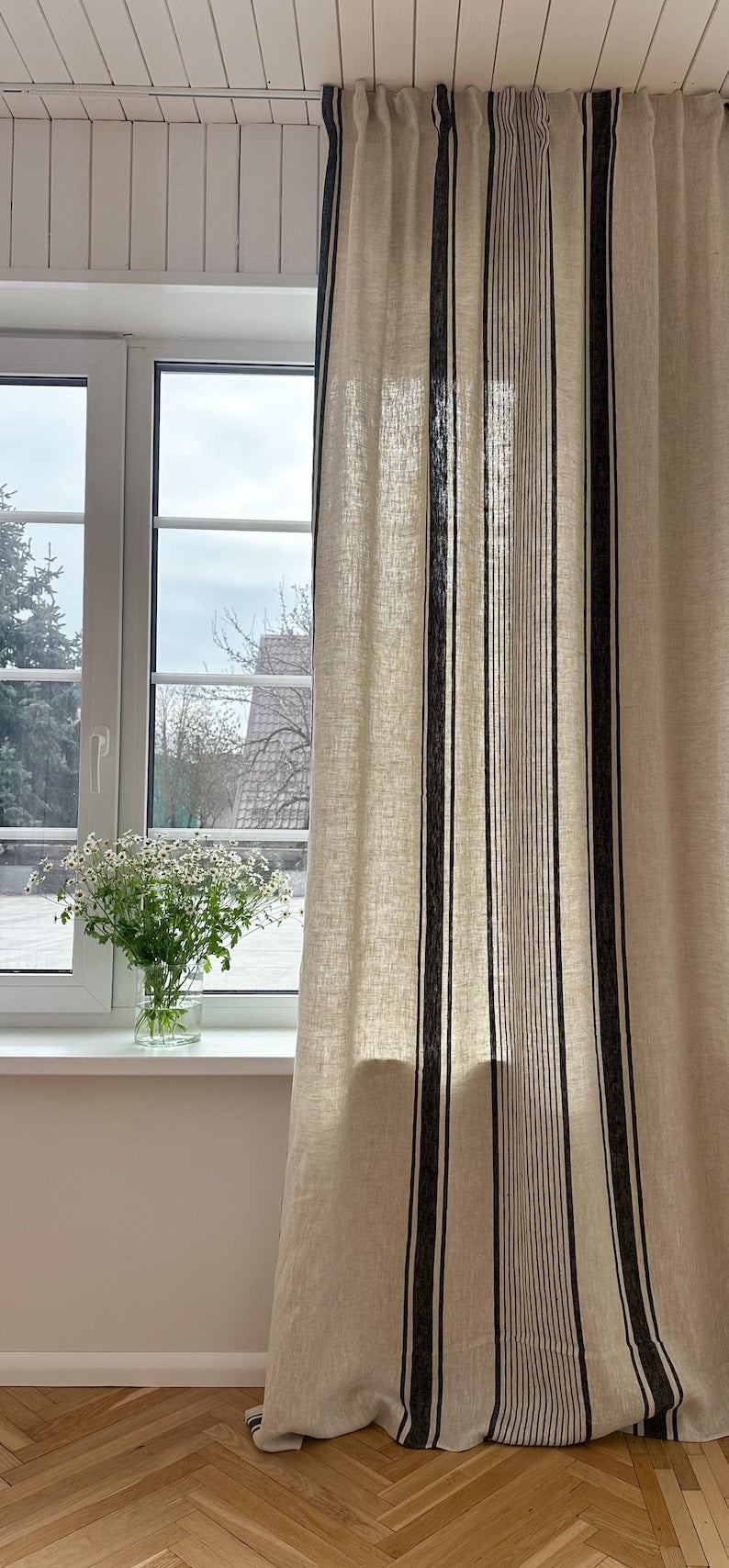 2er Set Leinenvorhänge mit Streifen, 140 cm Breite, Blau Schwarz Grün Rot Beige, Ösenband