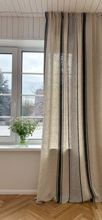 2er Set Leinenvorhänge mit Streifen, 140 cm Breite, Blau Schwarz Grün Rot Beige, Ösenband