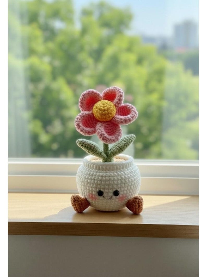 Gehäkelter Blumentopf mit Gesicht, Amigurumi rosa Bslume, Schreibtischdekor