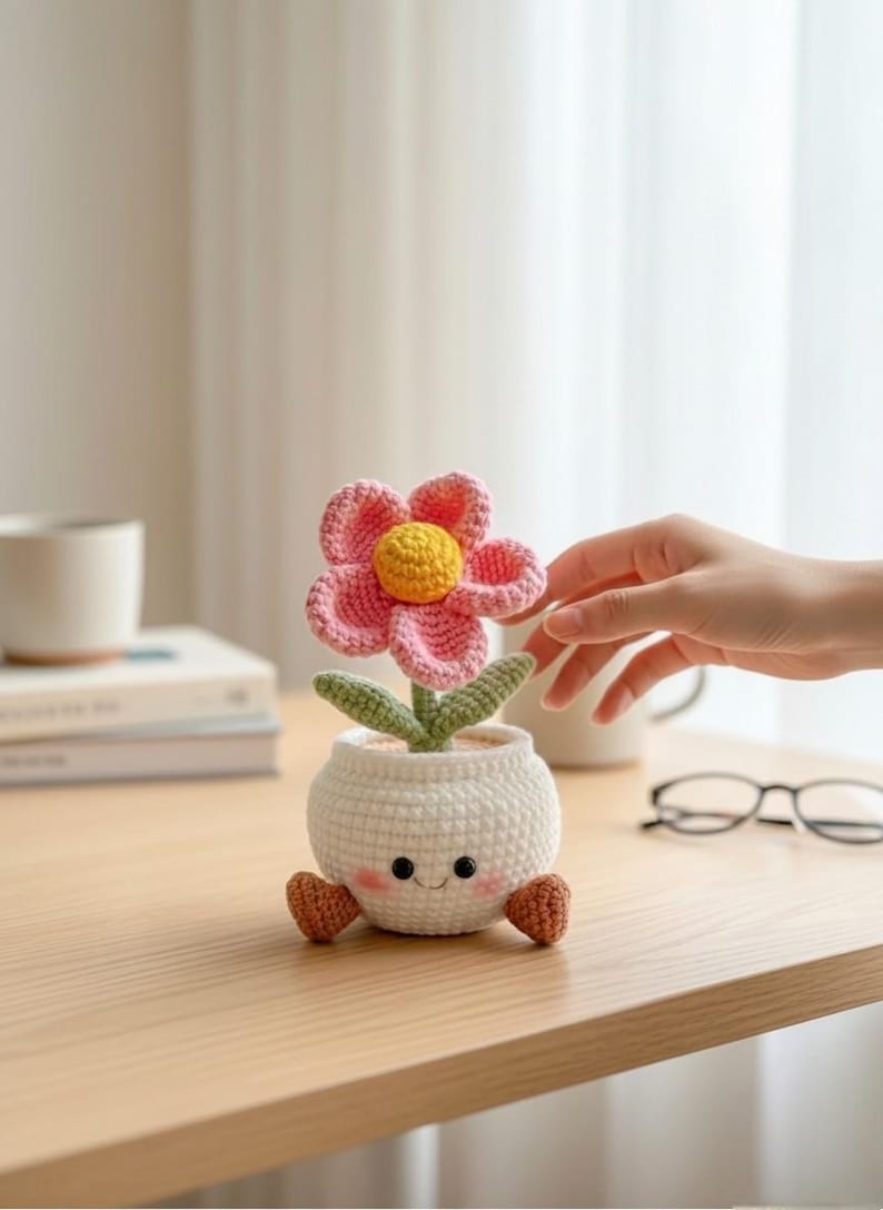 Gehäkelter Blumentopf mit Gesicht, Amigurumi rosa Bslume, Schreibtischdekor