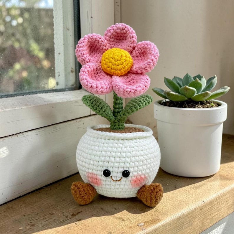 Gehäkelter Blumentopf mit Gesicht, Amigurumi rosa Bslume, Schreibtischdekor