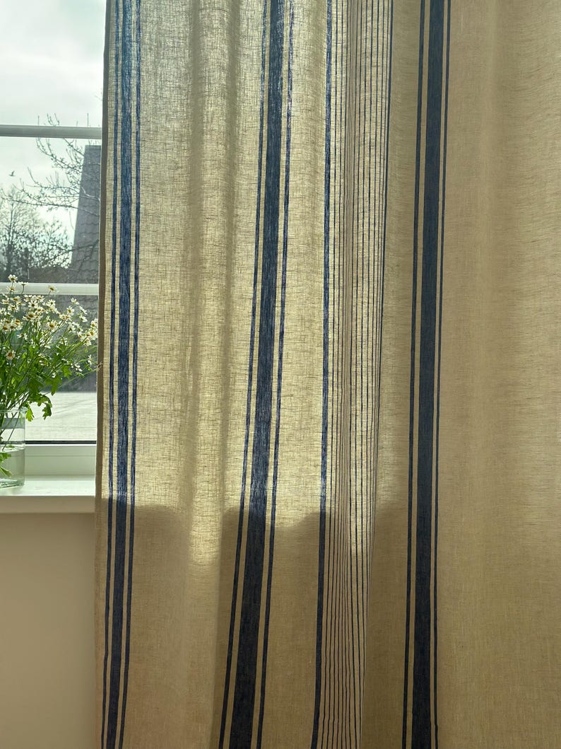 2er Set Leinenvorhänge mit Streifen, 140 cm Breite, Blau Schwarz Grün Rot Beige, Ösenband