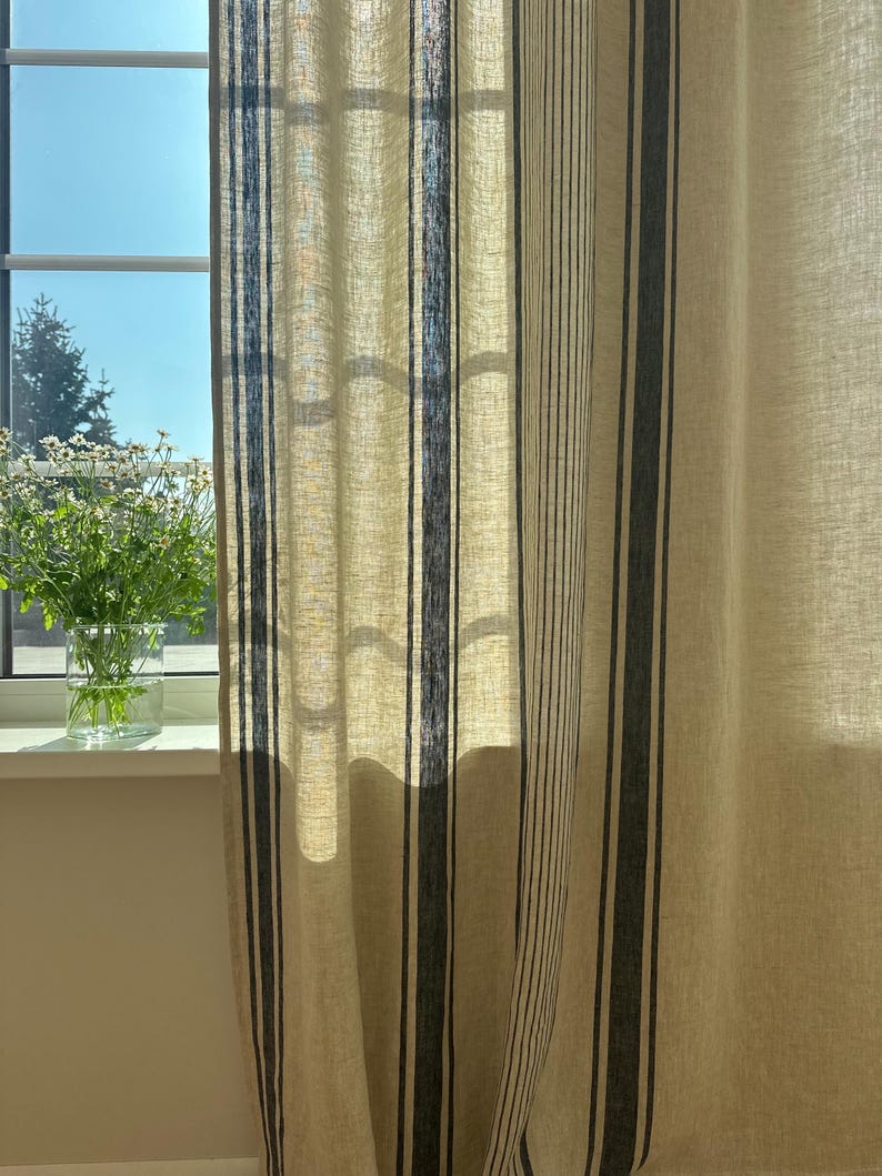2er Set Leinenvorhänge mit Streifen, 140 cm Breite, Blau Schwarz Grün Rot Beige, Ösenband