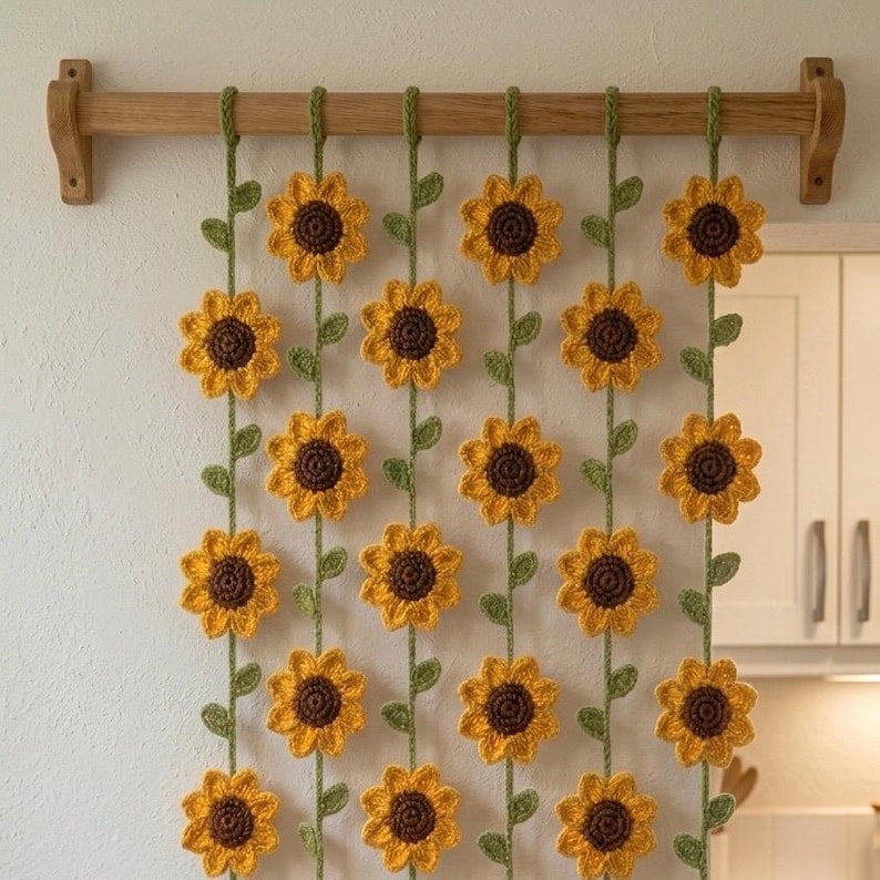 Gehäkelte Sonnenblumen-Gardine, Blumen-Gardinenschleife, Boho-Wandbehang, 6 Stränge mit 5 Blumen, Sonnenblumen-Zimmerdeko für Fenster