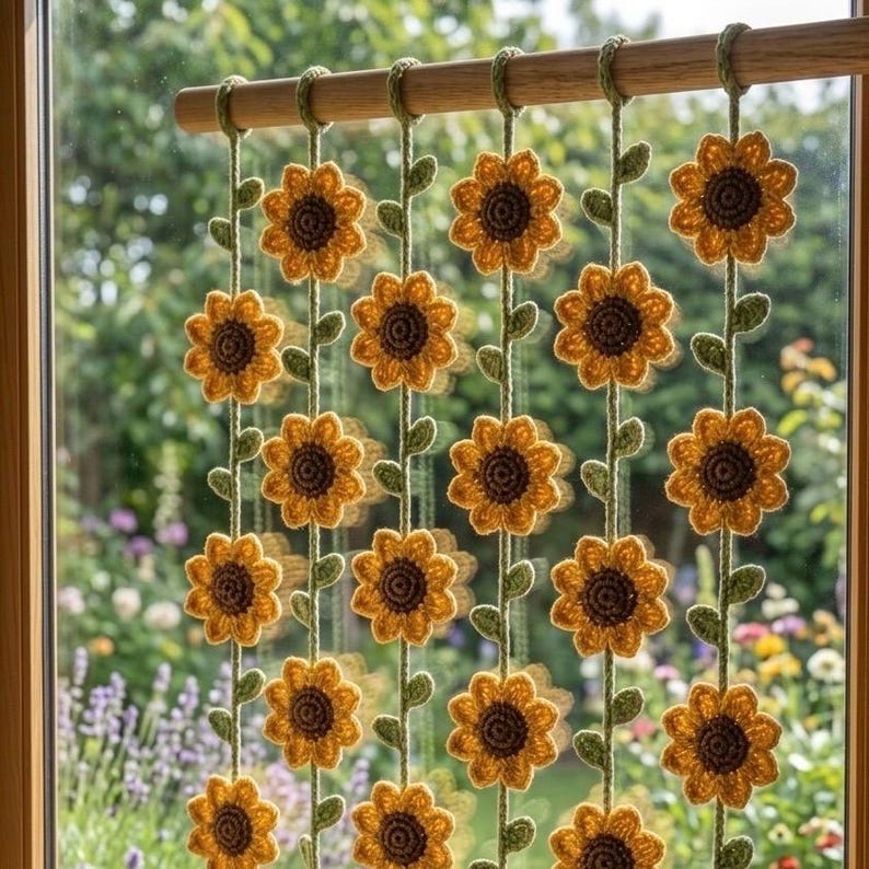 Gehäkelte Sonnenblumen-Gardine, Blumen-Gardinenschleife, Boho-Wandbehang, 6 Stränge mit 5 Blumen, Sonnenblumen-Zimmerdeko für Fenster