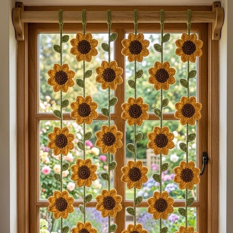 Gehäkelte Sonnenblumen-Gardine, Blumen-Gardinenschleife, Boho-Wandbehang, 6 Stränge mit 5 Blumen, Sonnenblumen-Zimmerdeko für Fenster