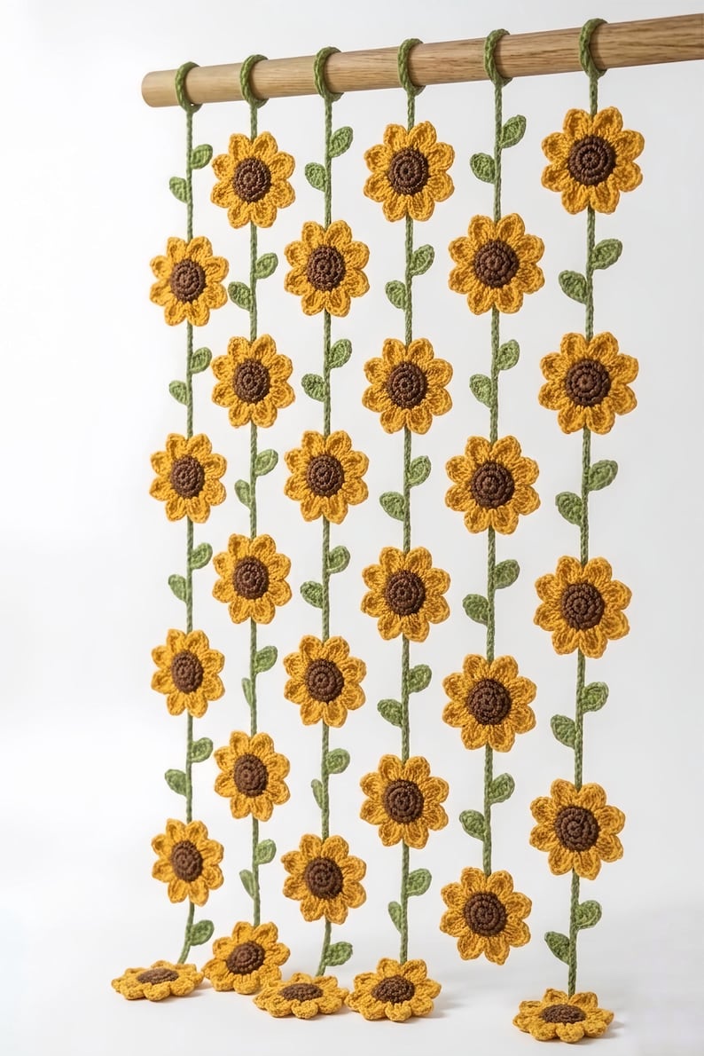 Gehäkelte Sonnenblumen-Gardine, Blumen-Gardinenschleife, Boho-Wandbehang, 6 Stränge mit 5 Blumen, Sonnenblumen-Zimmerdeko für Fenster