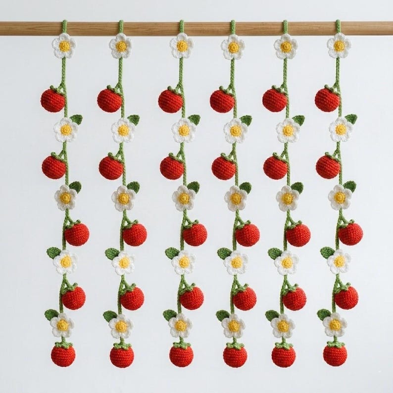 Tomate Häkelvorhang Raffhalter 6er Set - Handgefertigte Tomaten & Gänseblümchen Girlande, Cottagecore Fensterdekoration, Küchenvorhang