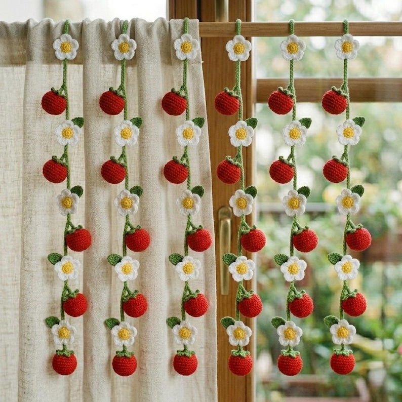 Tomate Häkelvorhang Raffhalter 6er Set - Handgefertigte Tomaten & Gänseblümchen Girlande, Cottagecore Fensterdekoration, Küchenvorhang