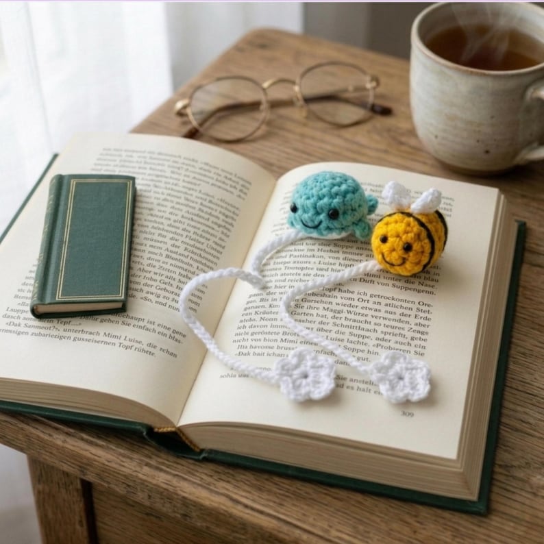 Gehäkeltes Lesezeichen Biene oder Wal, 25 cm, Handgemachtes Buchaccessoire