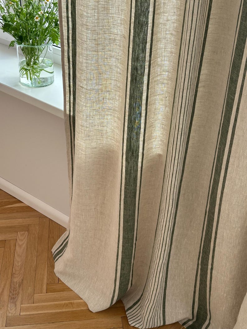 2er Set Leinenvorhänge mit Streifen, 140 cm Breite, Blau Schwarz Grün Rot Beige, Ösenband