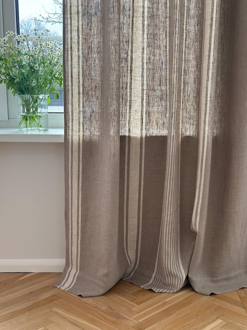 2er Set Leinenvorhänge mit Streifen, 140 cm Breite, Blau Schwarz Grün Rot Beige, Ösenband