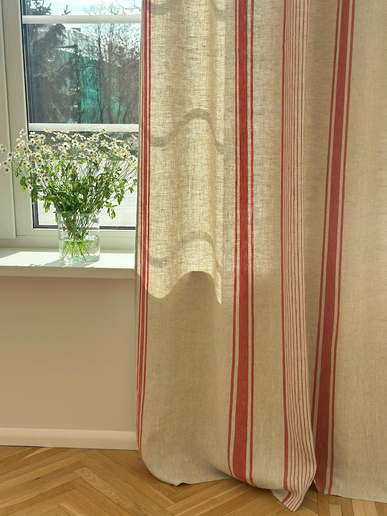 2er Set Leinenvorhänge mit Streifen, 140 cm Breite, Blau Schwarz Grün Rot Beige, Ösenband