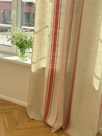 2er Set Leinenvorhänge mit Streifen, 140 cm Breite, Blau Schwarz Grün Rot Beige, Ösenband