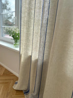 2er Set Leinenvorhänge mit Streifen, 140 cm Breite, Blau Schwarz Grün Rot Beige, Ösenband