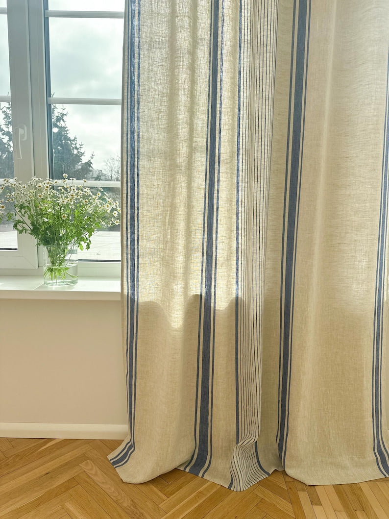 2er Set Leinenvorhänge mit Streifen, 140 cm Breite, Blau Schwarz Grün Rot Beige, Ösenband