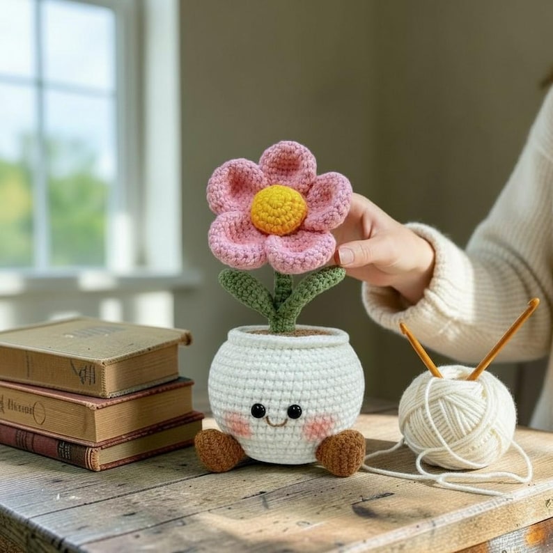 Gehäkelter Blumentopf mit Gesicht, Amigurumi rosa Bslume, Schreibtischdekor