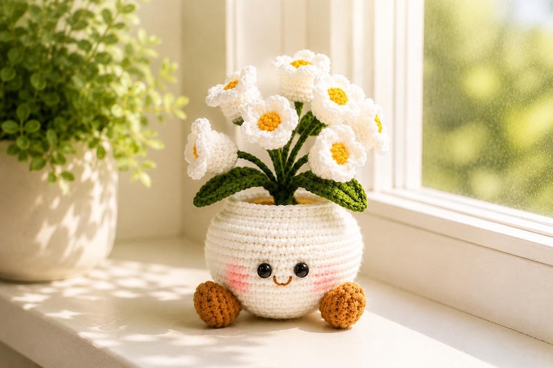 Gehäkelter Blumentopf Amigurumi Vergissmeinnicht Deko, handgefertigt, Baumwollgarn, 15-17 cm