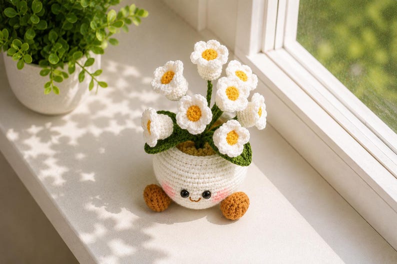 Gehäkelter Blumentopf Amigurumi Vergissmeinnicht Deko, handgefertigt, Baumwollgarn, 15-17 cm