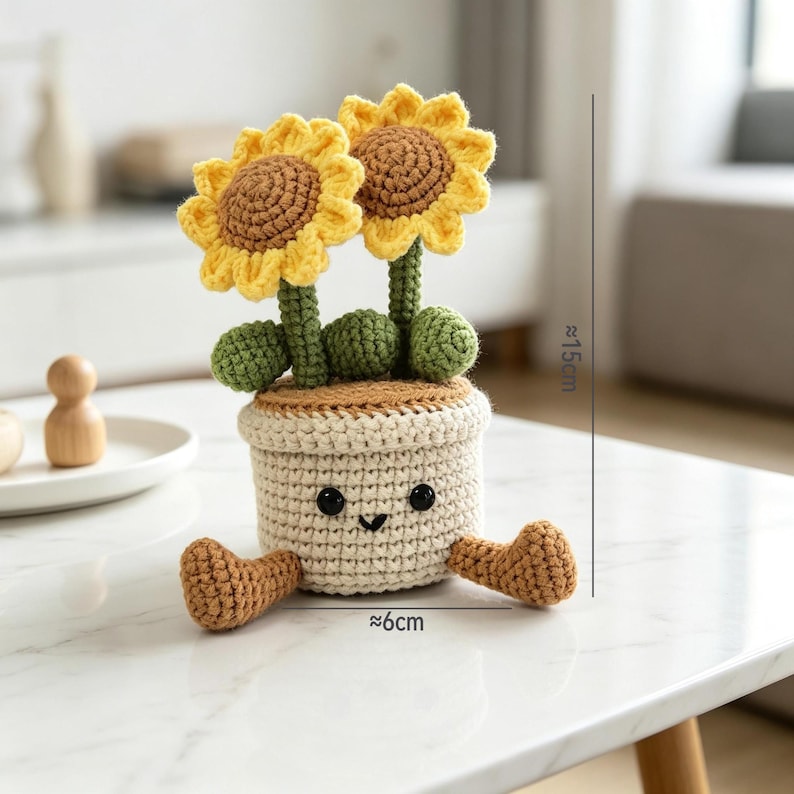 Gehäkelter Sonnenblumen-Blumentopf, Handgemacht, Dekoration für Schreibtisch und Fenster