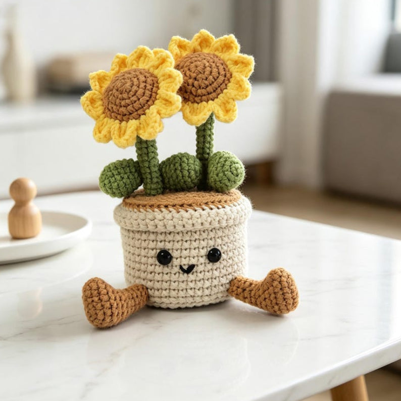 Gehäkelter Sonnenblumen-Blumentopf, Handgemacht, Dekoration für Schreibtisch und Fenster