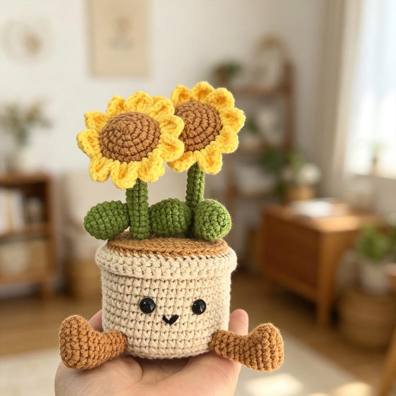 Gehäkelter Sonnenblumen-Blumentopf, Handgemacht, Dekoration für Schreibtisch und Fenster
