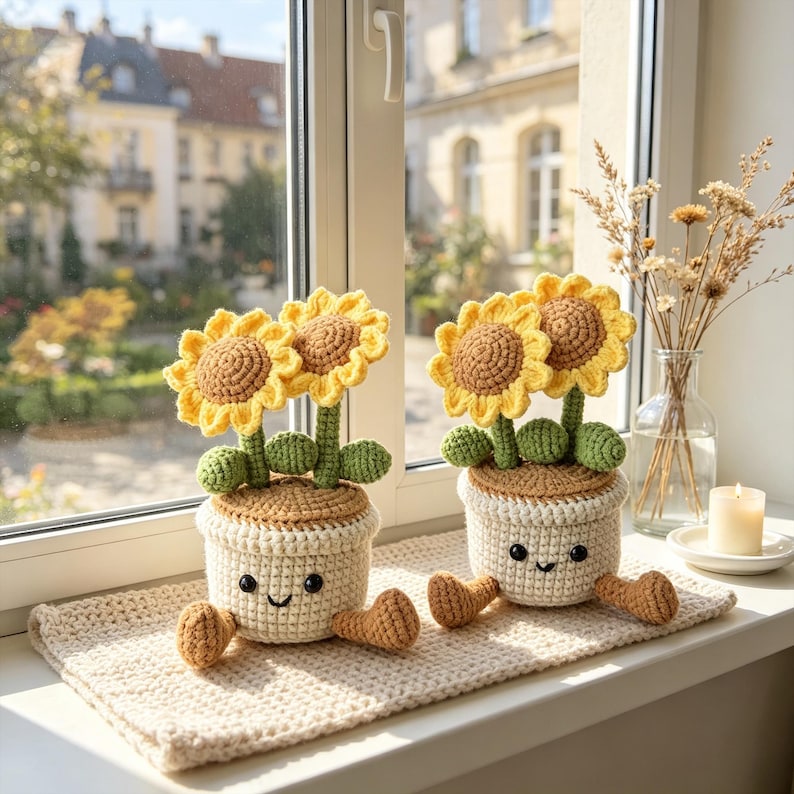 Gehäkelter Sonnenblumen-Blumentopf, Handgemacht, Dekoration für Schreibtisch und Fenster