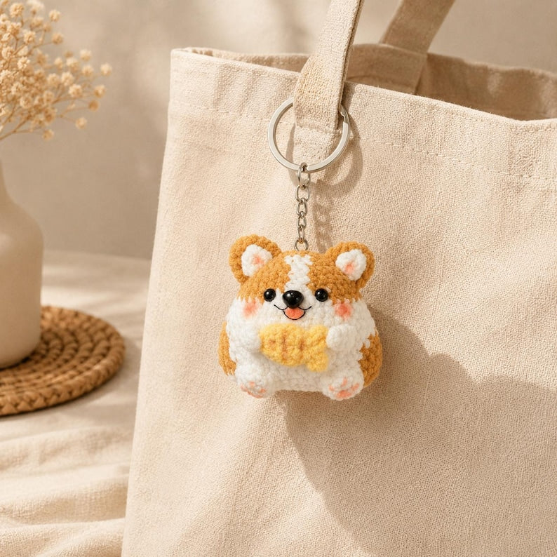 Gehäkelter Corgi-Schlüsselanhänger mit Fisch, Handgefertigter Plüsch-Taschenanhänger für Hundeliebhaber