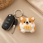 Gehäkelter Corgi-Schlüsselanhänger mit Fisch, Handgefertigter Plüsch-Taschenanhänger für Hundeliebhaber